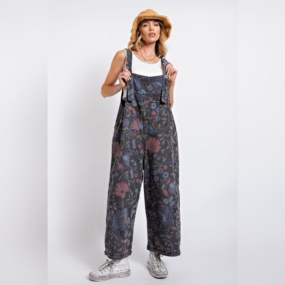 NWT Easel Black Denim Floral Boho Wide Leg Overall Jumpsuit - Picture 2 of 6
